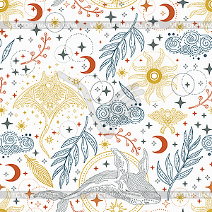 Linear seamless pattern with celestial animals - vector image