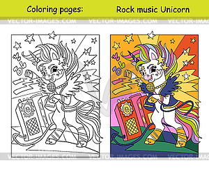 Cute rock music unicorn kids coloring with color - vector image