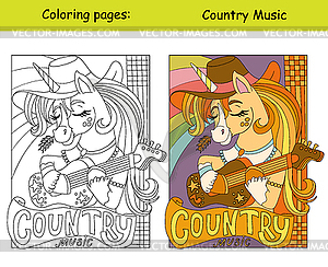 Cute country music unicorn kids coloring with - vector image