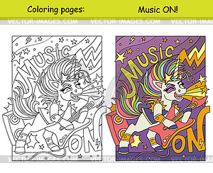 Cool rock music unicorn sings kids coloring with - stock vector clipart