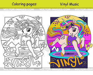 Cute unicorn playing saxophone kids coloring with - vector image