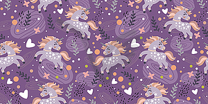 Seamless pattern with cute doodle unicorn - vector image