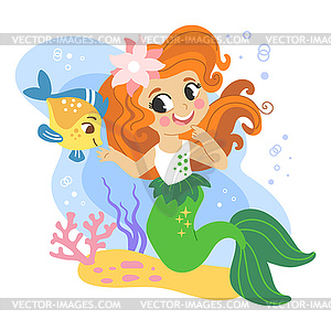 Funny cartoon mermaid character under sea cute - vector image