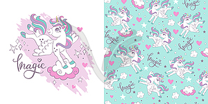 Unicorn cartoon character and seamless pattern - color vector clipart