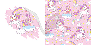 Unicorn character and seamless pattern - vector image