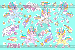Happy cartoon unicorns stickers set - vector image