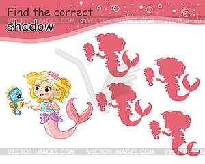 Kids game find correct shadow cute cartoon mermaid - vector clip art