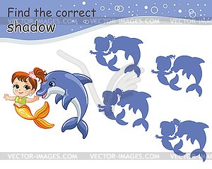 Kids game find correct shadow cartoon mermaid - vector clipart