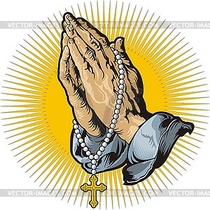 Praying hands with rosary and shining  - vector clip art