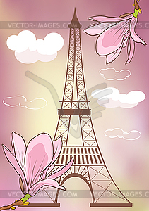 Spring in Paris. with Eiffel tower and blooming - vector image