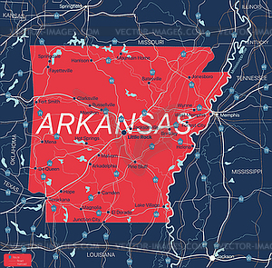 Arkanzas state detailed editable map - vector clip art