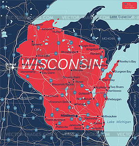 Wisconsin state detailed editable map - vector image