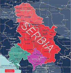 Serbia Kosovo and Montenegro detailed editable map - vector clip art