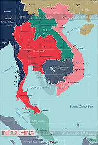 Indochina detailed editable map - vector image