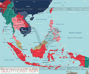South East Asia region detailed editable map - vector image