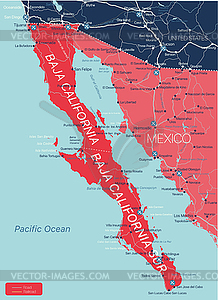 Baja California region detailed editable map - vector image