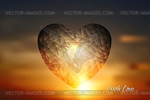 Heart geometric shape on sunset sky - vector image