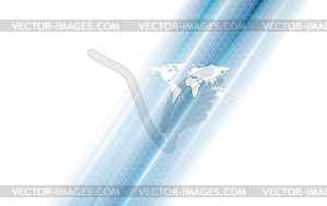 Hi-tech background with world map and blue stripes - vector image