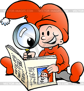 Hand-drawn an Happy Christmas Elf reading News Paper - vector image