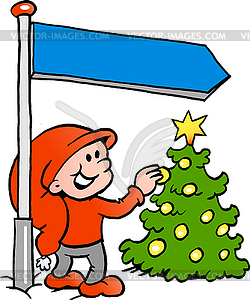 Hand-drawn an Happy Christmas Elf looking at - vector clipart