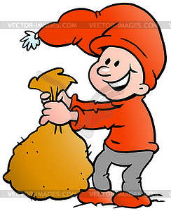 Hand-drawn an Happy Christmas Elf holding sack - vector clip art