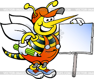 Hand-drawn an Happy Working Bee Holding Sign - vector clipart