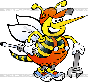 Hand-drawn an Happy Working Bee Holding Wrench and - vector image