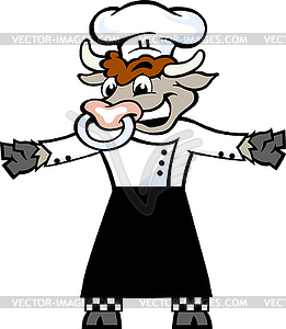 Hand-drawn an Happy Bull Chef standing and welcome - vector image