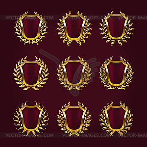 Golden shields with laurel wreath - vector clip art