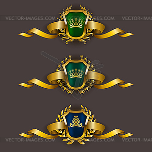 Golden shields with laurel wreath - vector clipart