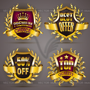 Golden badges with laurel wreath - vector clip art