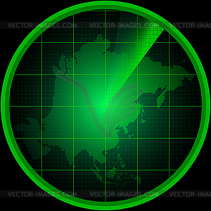 Radar screen with silhouette of Asia - vector image