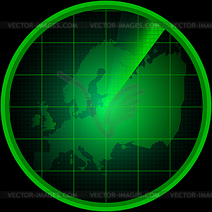 Radar screen with silhouette of Europe - vector clipart