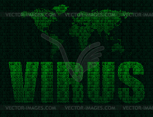Word virus on world map background - vector image