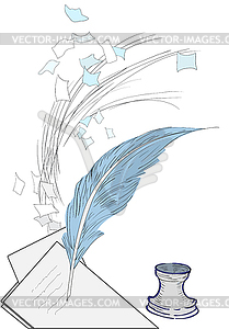 Scattered sheets of paper blown down and quill pen - vector image
