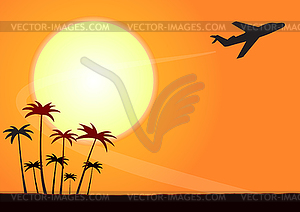 Plane flying at sunset - vector clip art