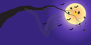 Silhouette of tree branch and bats in moonlight - vector clipart