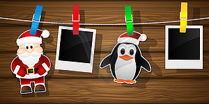 Пустые фоторамки, пингвин и Санта-Клауса на - векторный эскиз