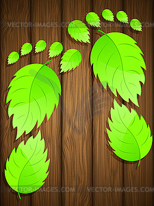 Wooden background with fresh green leaves.  - vector image