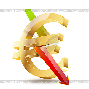 Euro golden symbol with falling arrow sign - vector EPS clipart