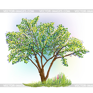 Дерево и травы с цветами рисунок - векторный графический клипарт