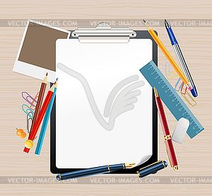 Background with clipboard and office supplies - vector image