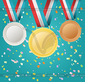 Set of medals on confetti background - vector clipart