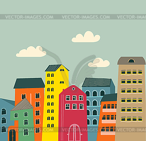 Retro houses and clouds background - stock vector clipart