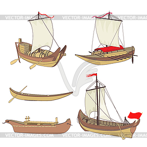 Set of ancient ships drawing - vector image