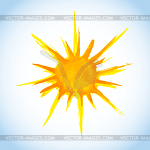 Watercolor painting of sun on blue sky background - vector clip art