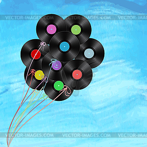 Vinyl disks as balloons on watercolor background - vector image