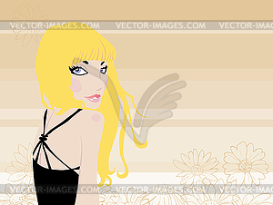 Blonde in black on background of daisies honey - vector clipart / vector image