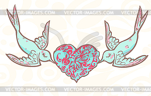 Lovers wedding birds with patterned heart - vector image