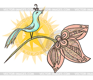 Ornamental Bird With Sun On Flower - vector clipart